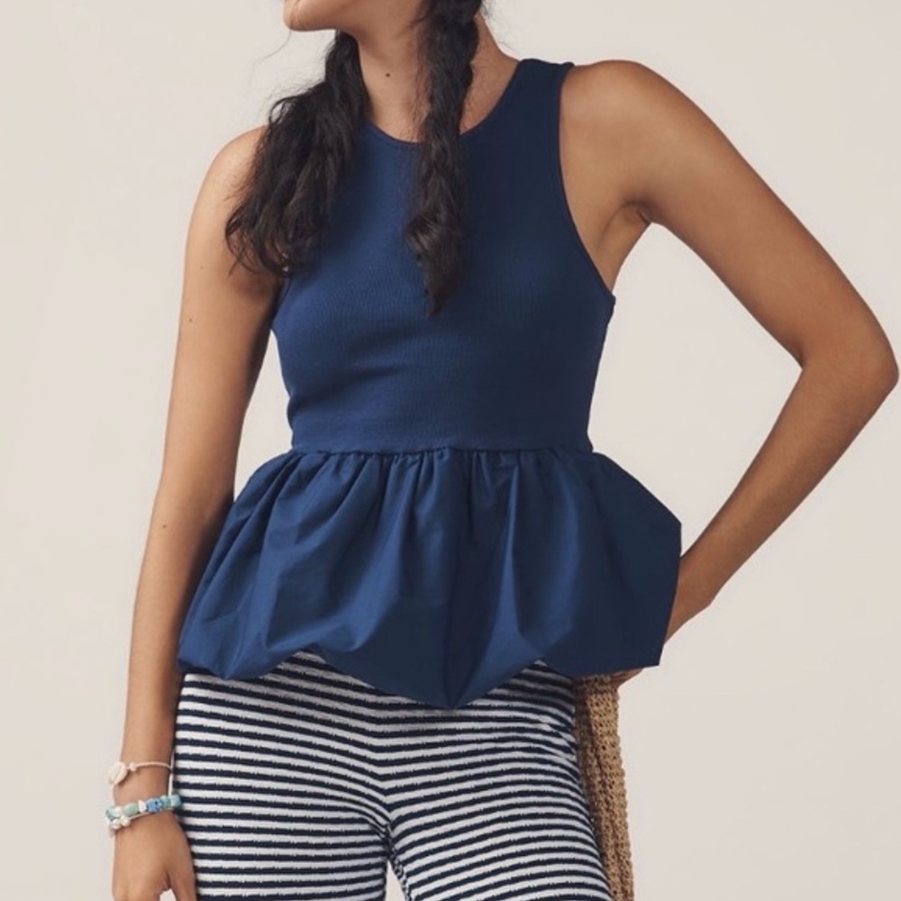 Maeve Anthropologie Bubble Peplum Navy Ink Stretch Tank Top Sleeveless XS NWT - Picture 1 of 13